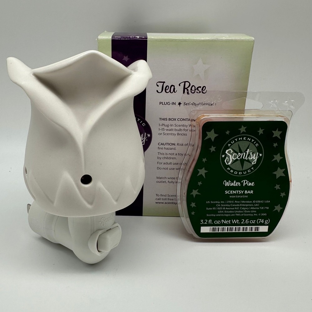 Scentsy Mini-Wax Warmer Plug-In Tea Rose Nightlight Scent w/ Winter Pine Wax
